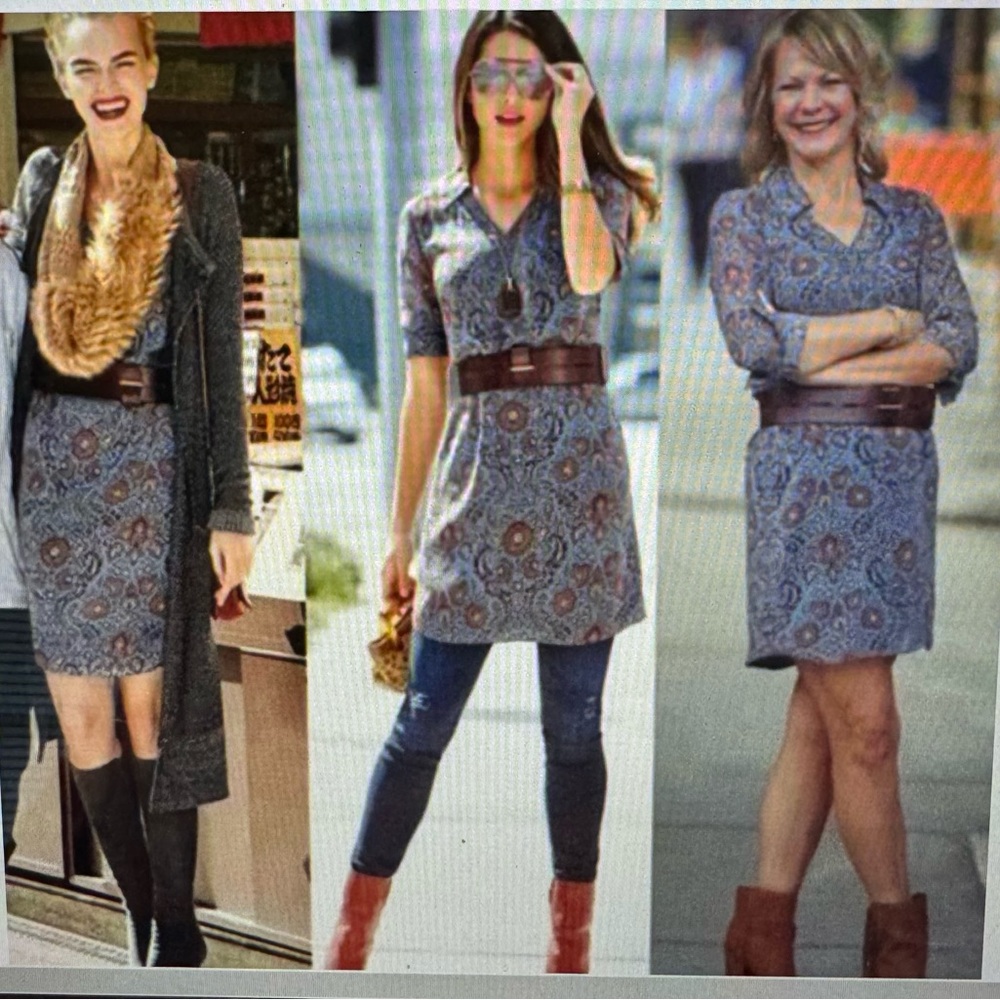 CAbi Tunic Dress, Size XS,Blue/Brown/Taupe,lined body,sheer sleeve w/ button.